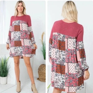 Boho Patchwork Paisley Dress | Long Sleeve Flowy Fall Mini Dress